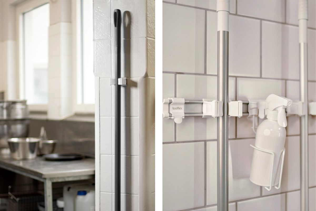 Bílý držák nářadí Toolflex One na stěně i v liště